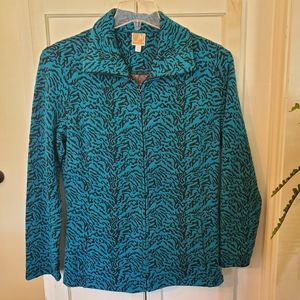 JM Collection Womens Zippered Blue Black Tiger Print Light Jacket 2 Pockets
